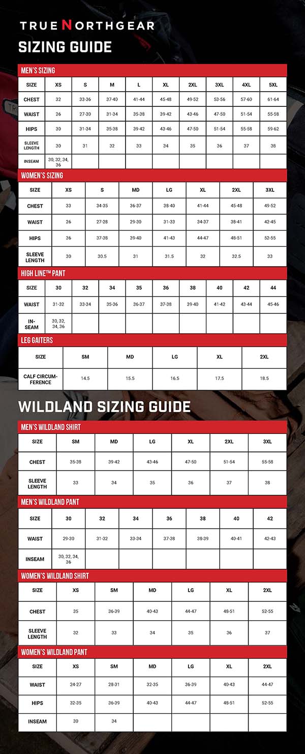 2022 True North Gear Sizing Chart