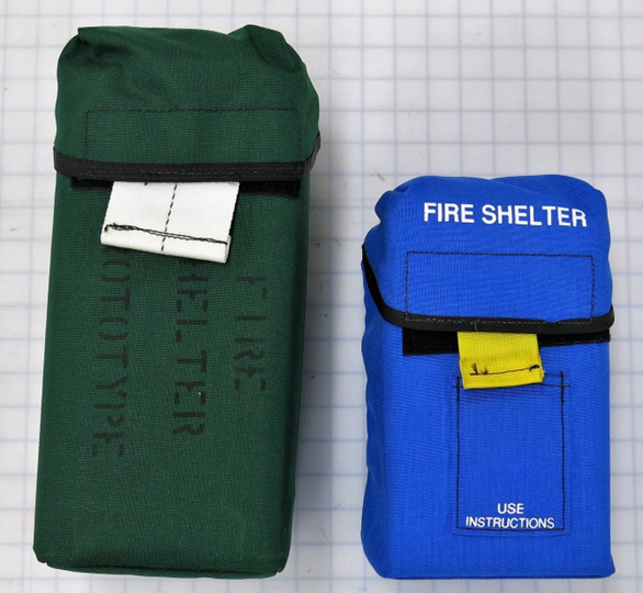 The current fire shelter (right) and a fire shelter sample