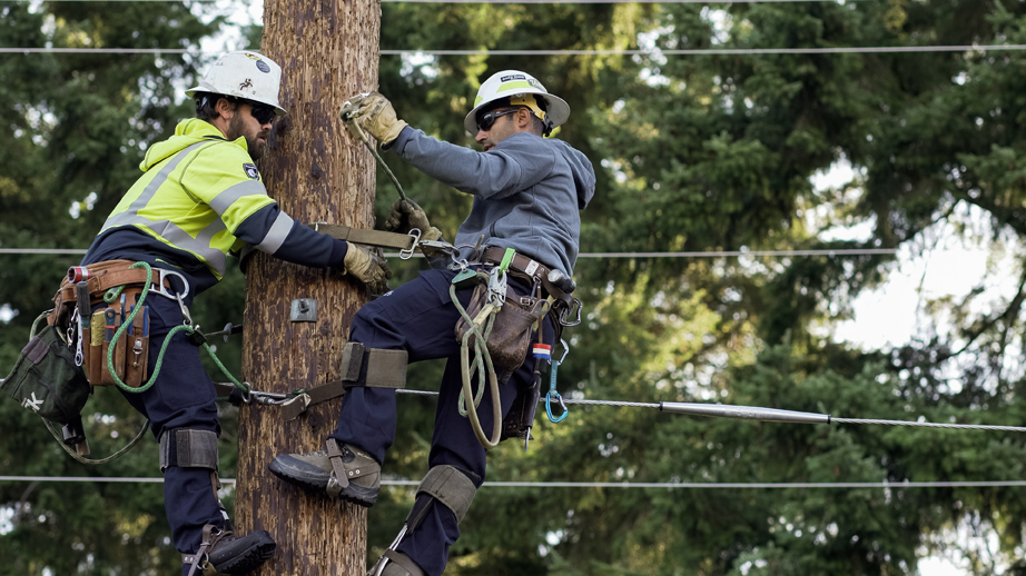 two power linemen working on a utility pole wearing DragonWear jackets.