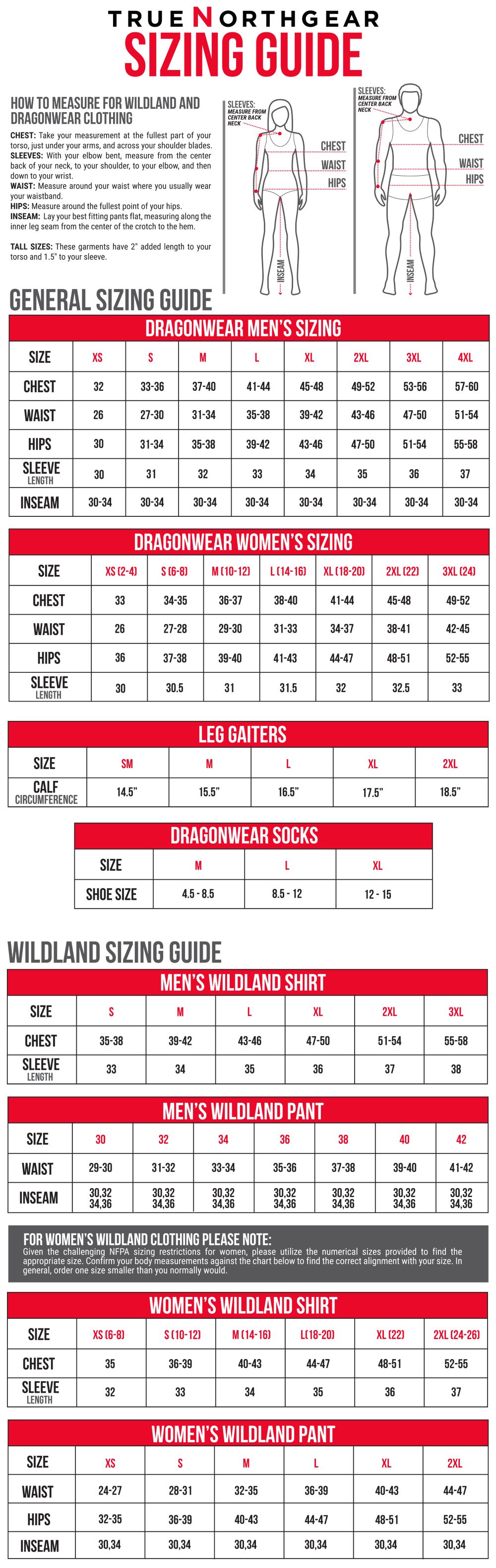 True North Gear Sizing Chart